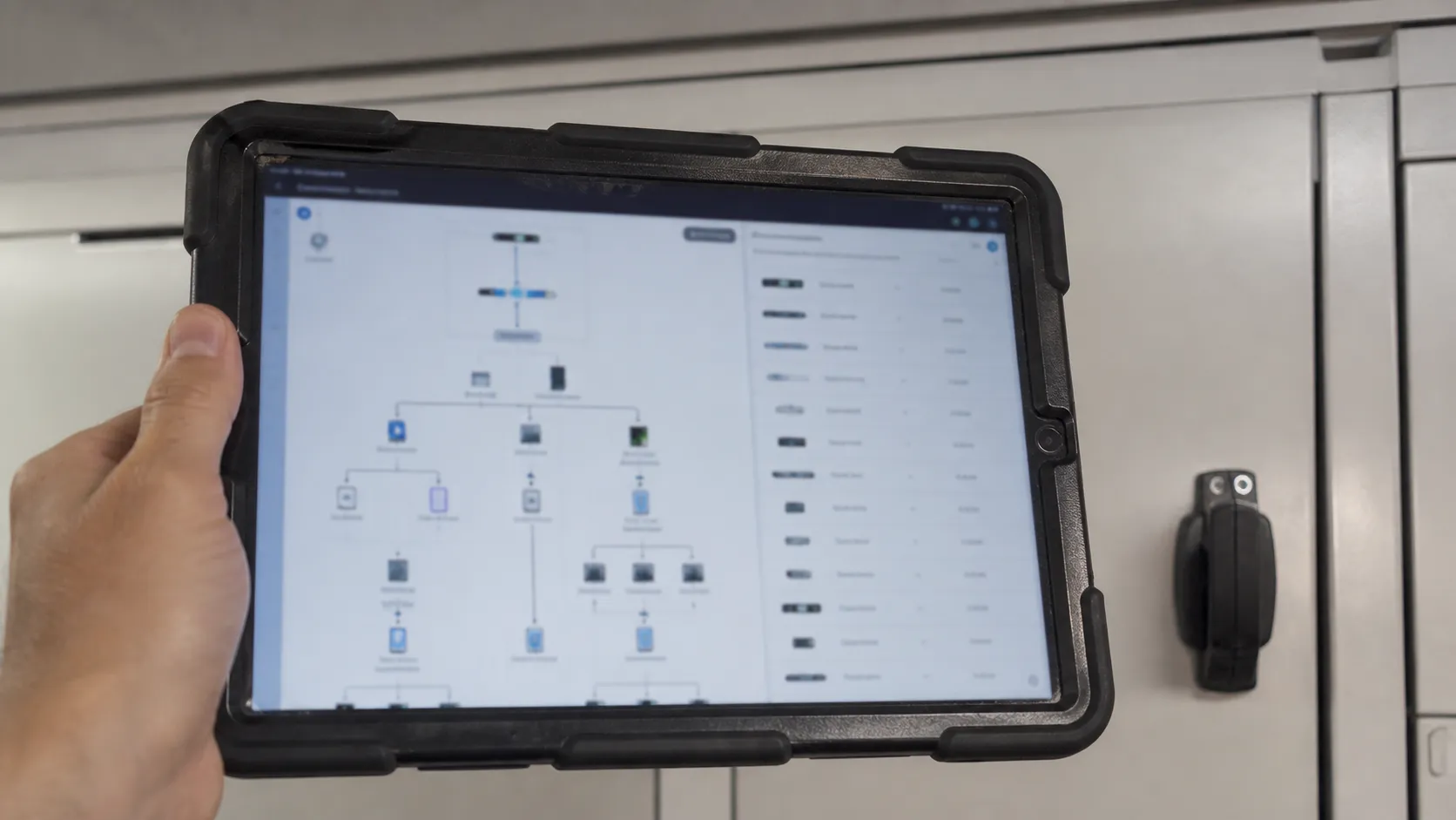 Rugged tablet showing an unreadable electronic topology and device inventory in front of a closed yacht cabinet.