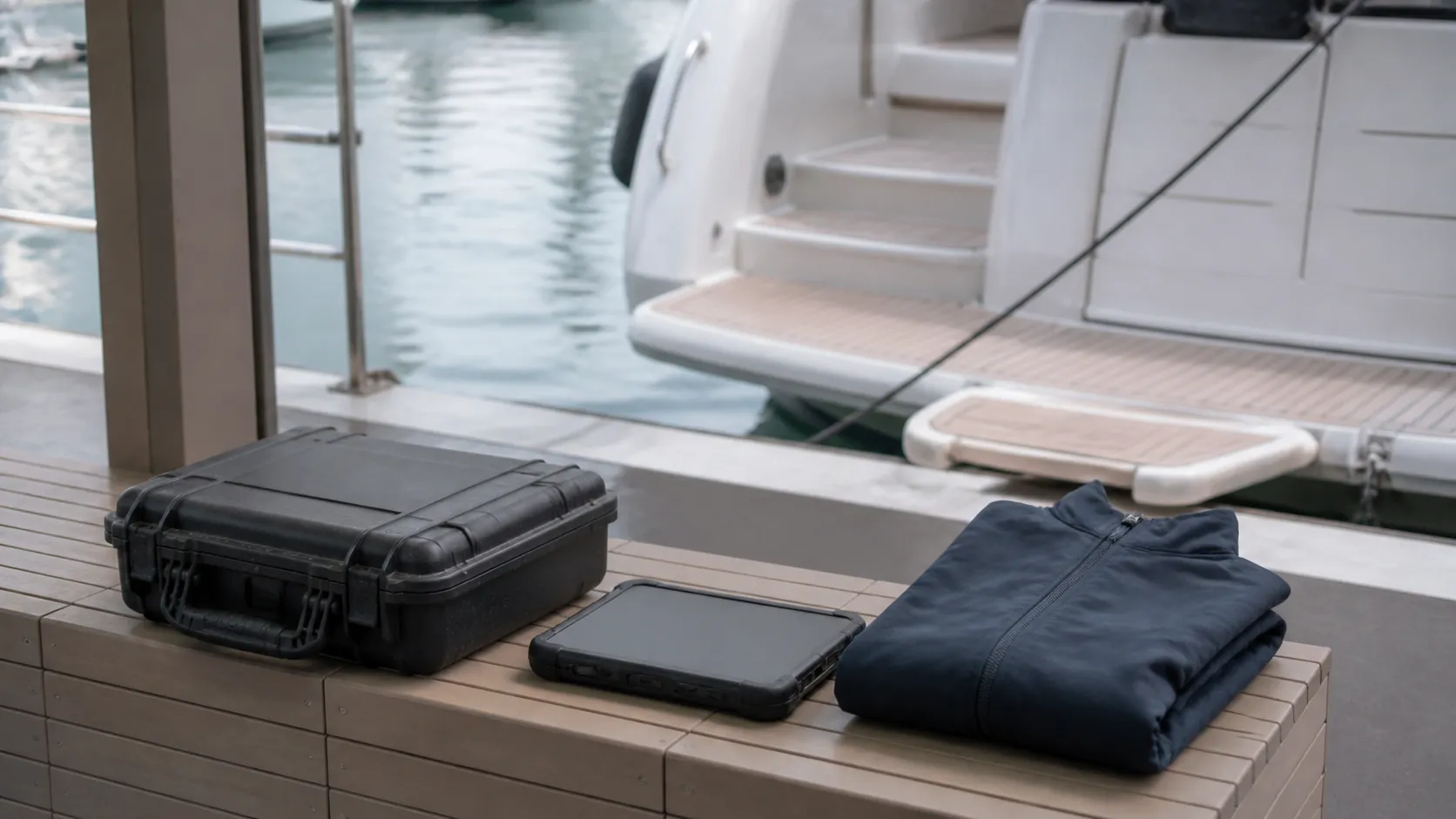Compact service case, closed rugged tablet and folded work jacket prepared beside a yacht boarding area.