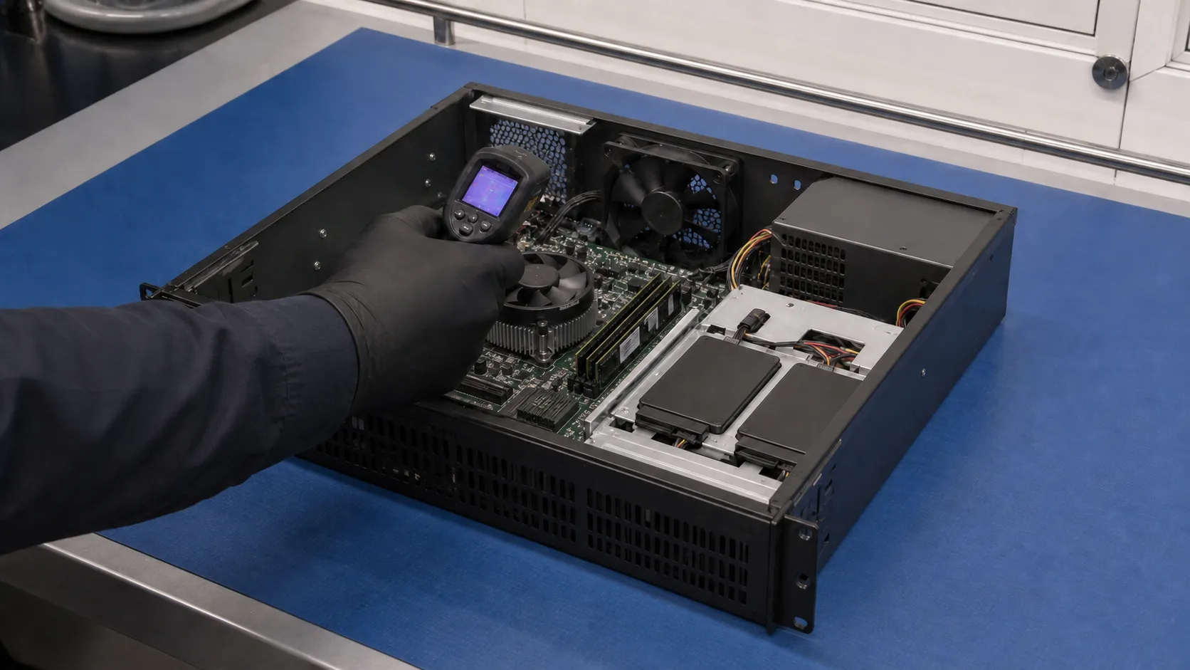 Gloved engineer measuring a component inside an open short-depth technical computer on an ESD mat.